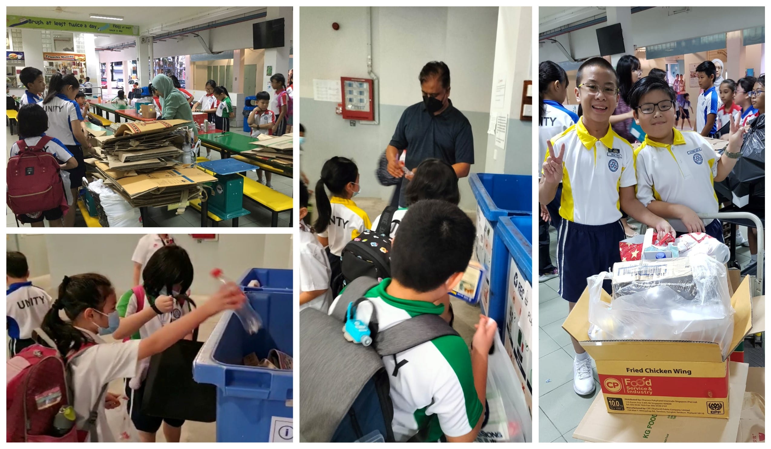 School children in uniforms sorting and collecting recyclable items into blue bins and cardboard boxes indoors.
